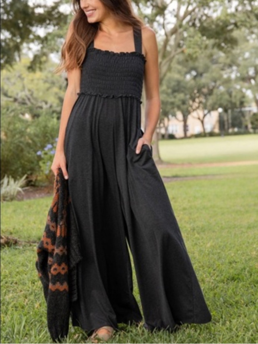 NATURAL LIFE Black Smocked Wide-Leg Jumpsuit with Straps Small